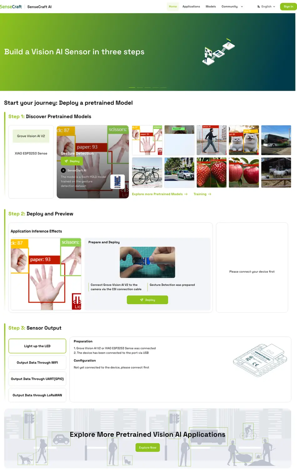 SenseCraft AI home page showing the Gesture Detection workflow from model discovery through deployment and sensor output before a device is connected
